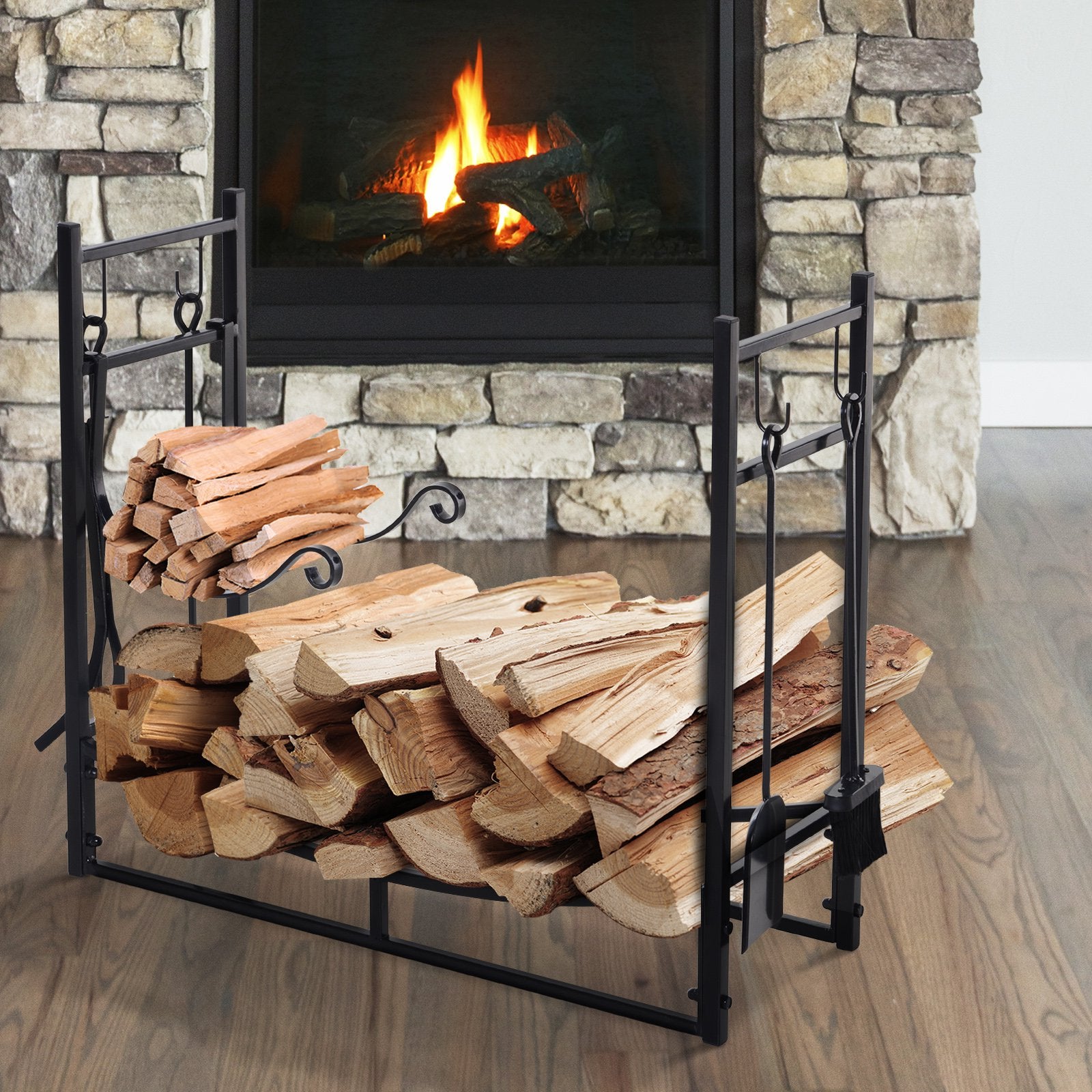 Indoor Outdoor Fire Pit Wood Log Storage Rack w/ Kindling Holder u0026 Tools  for Patio Deck - Black | Fab Finds Online